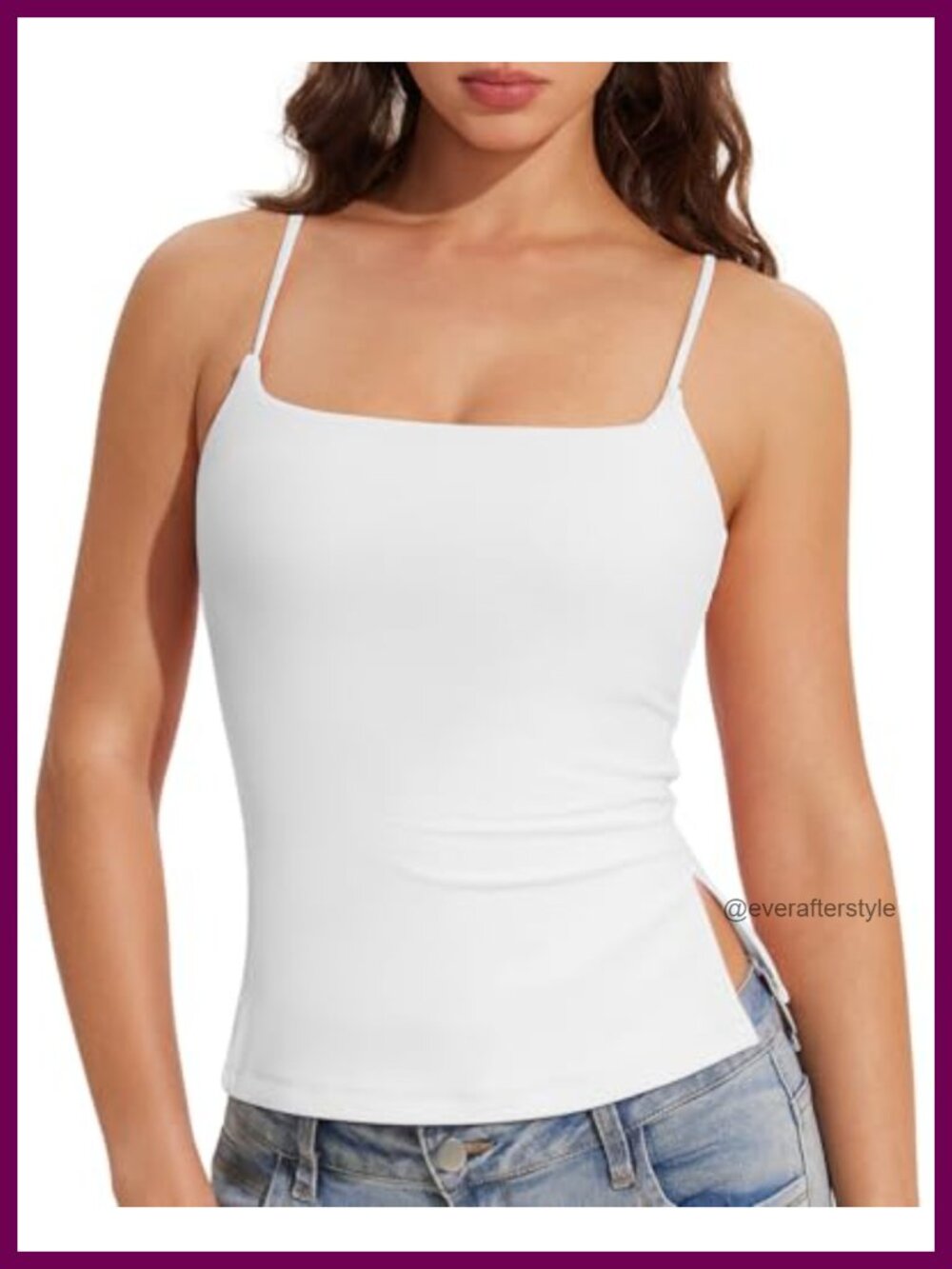 OMKAGI Side Split Tank Top Built in Bra Square Neck Spaghetti Strap